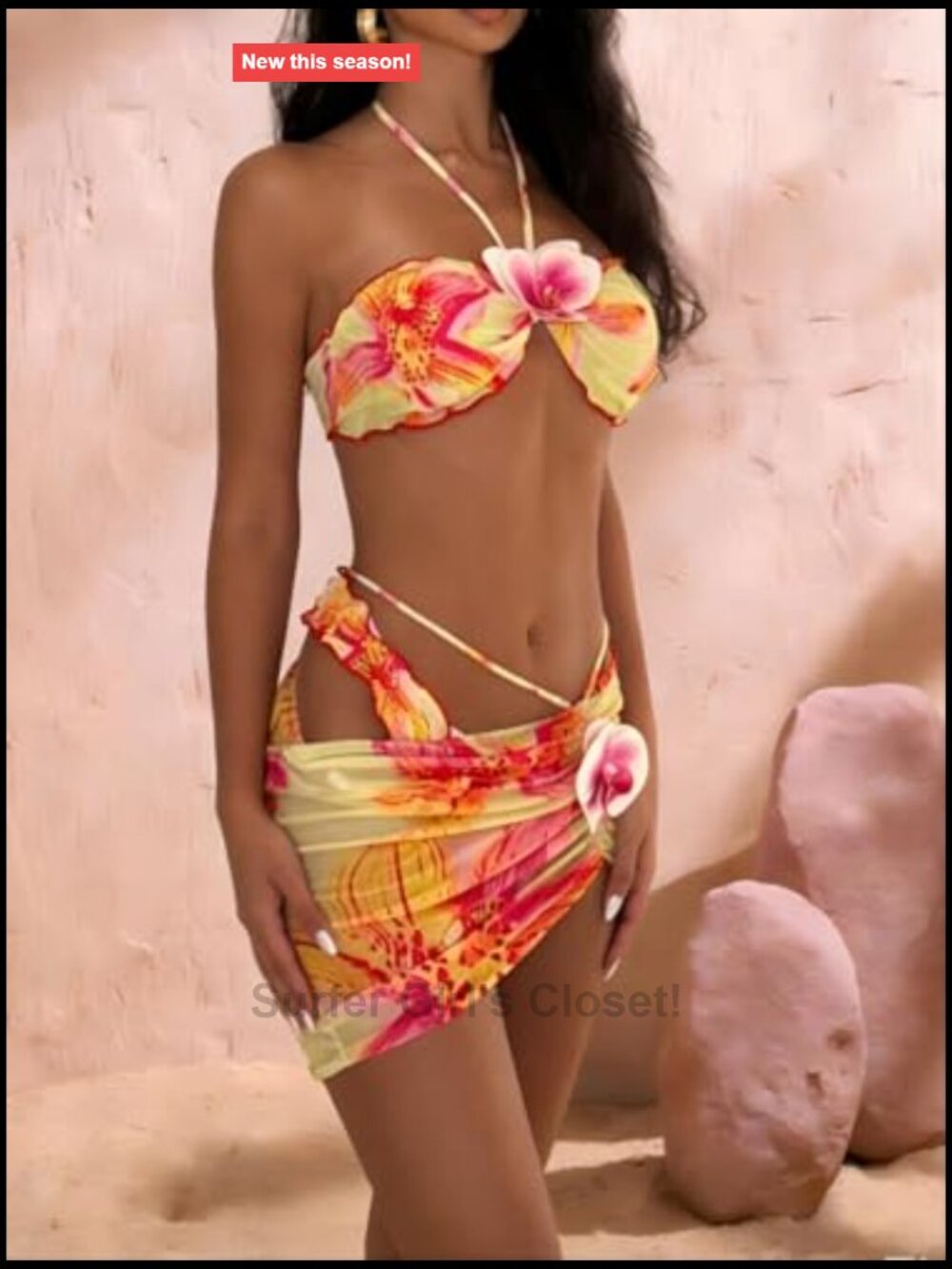 Floral Halter Triangle Bikini Set with Mesh Cover Up Skirt Summer Beach Swimwear - Picture 3 of 7